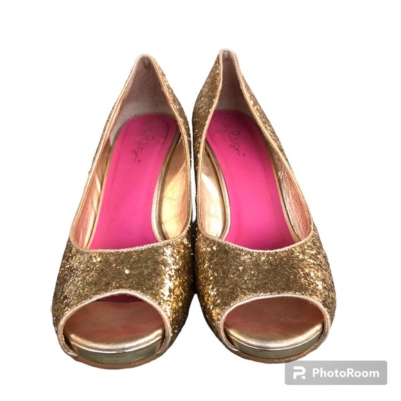 Lilly Pulitzer Gold Pumps Glitter Wedges - Picture 10 of 13